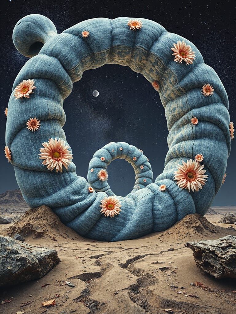 Freestanding Colossal Biolucent Denim Sandworm in Dramatic Pause Vanishing Point Trompe L'oeil