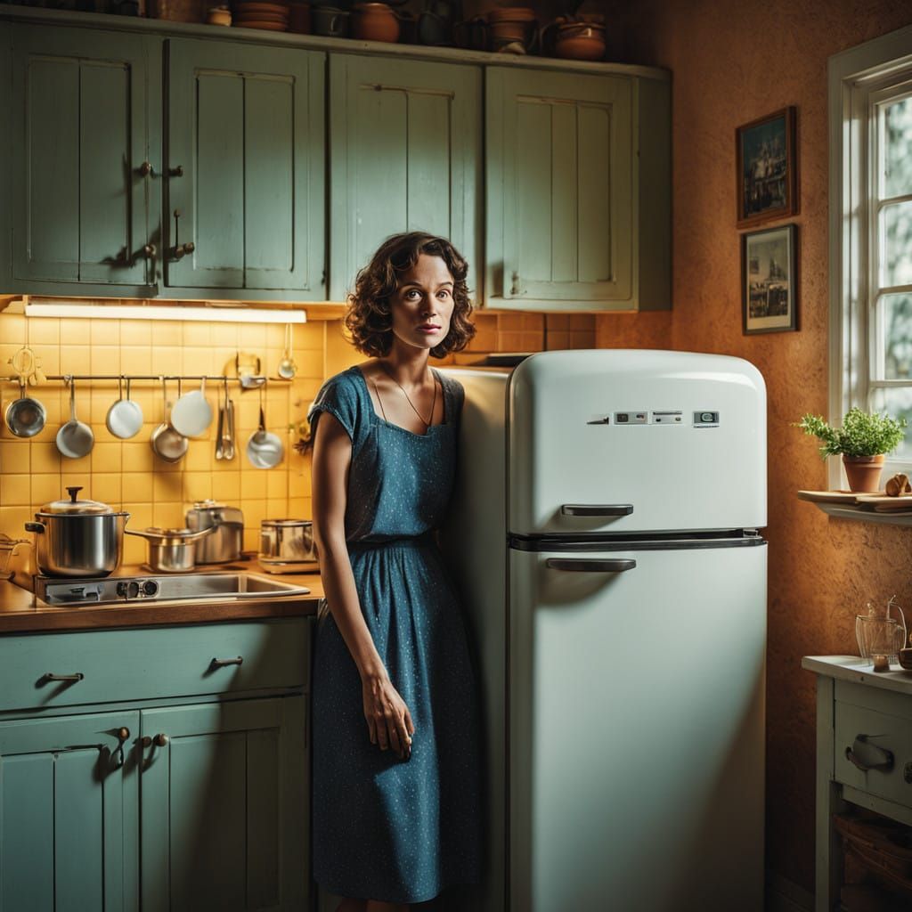 Woman Pops Out of Vintage Polaroid Photo in Cozy Kitchen