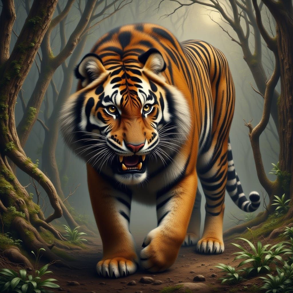 Stalking Roaring Tiger in Hyperrealistic Style