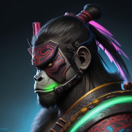 Ancient Gorilla in Neon Samurai Mask, Hyperrealistic Art