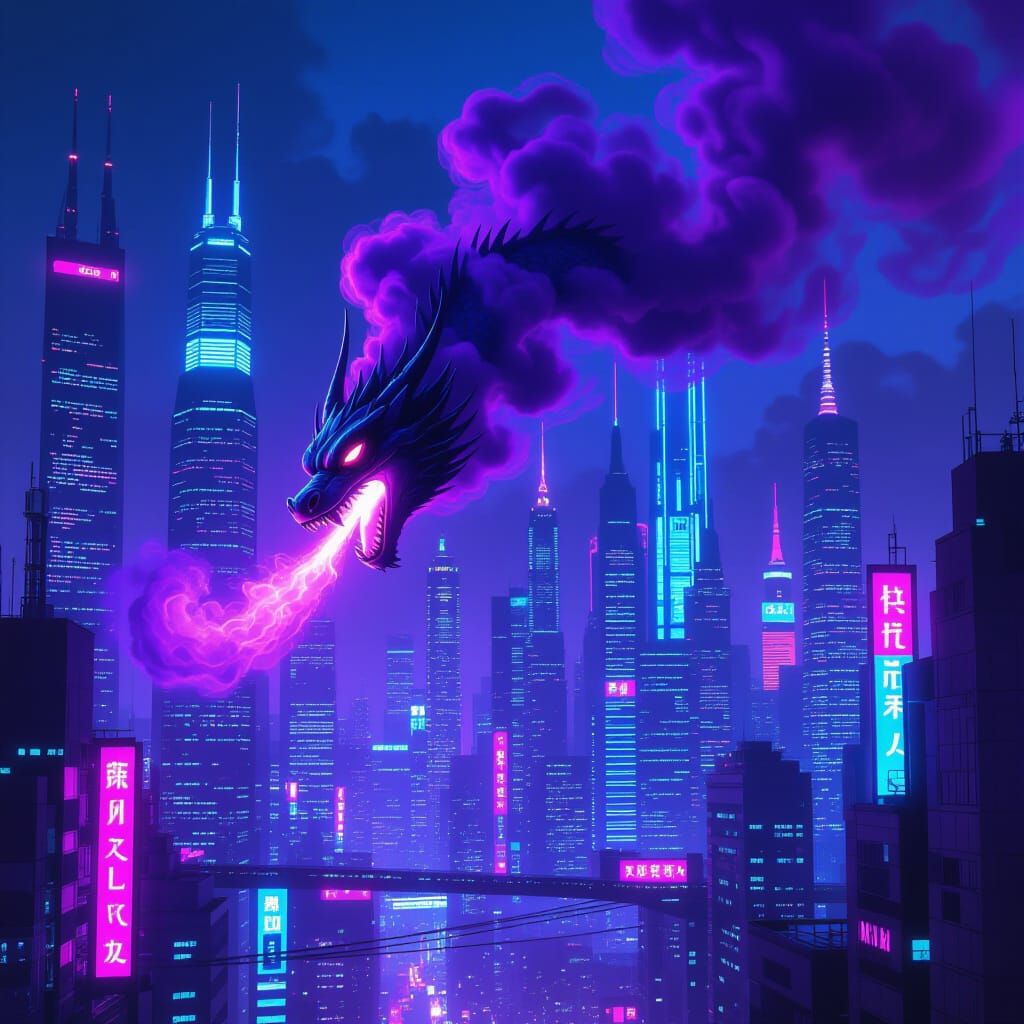 Cyberpunk Dragon Smoke over Neon City
