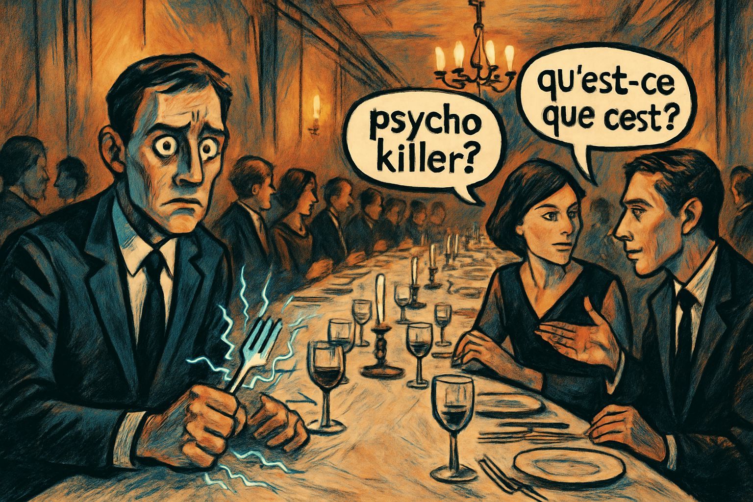 Surreal Dinner Party with Electric Tension