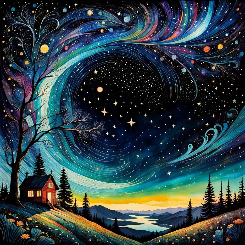 Vibrant Starry Night Sky in Art Brut Style