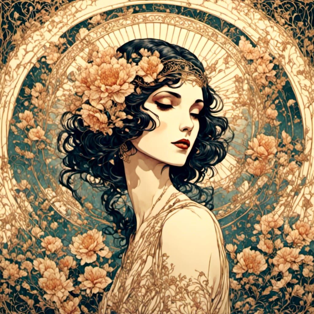 Art Deco Lady with Golden Details and Floral Design