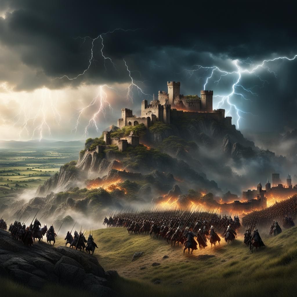 Medieval Battle Scene with Lightning Storm