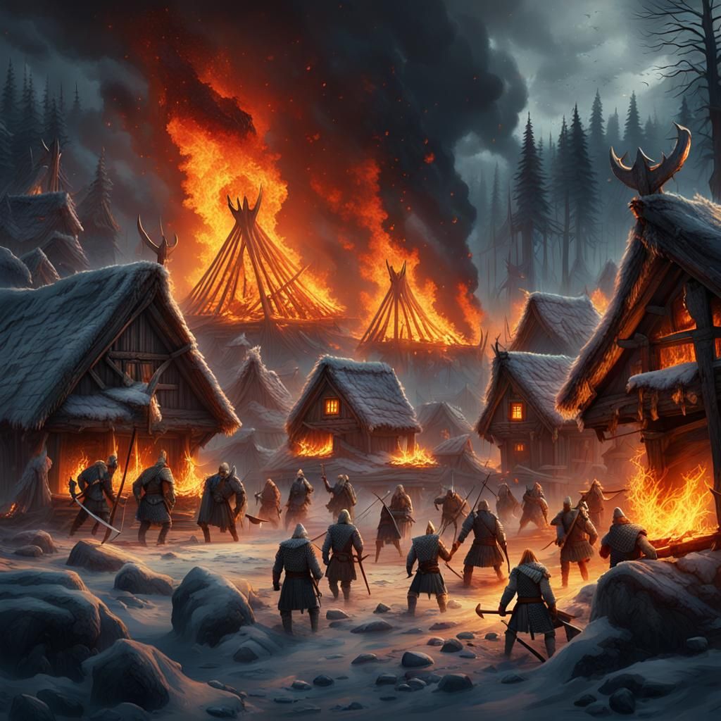 Vikings Raiding a Forest Village in Dark Fantasy Style