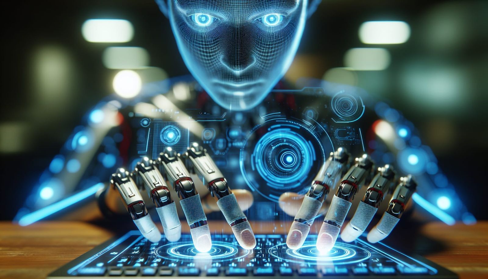 Cyborg Hands Typing on Holographic Interface