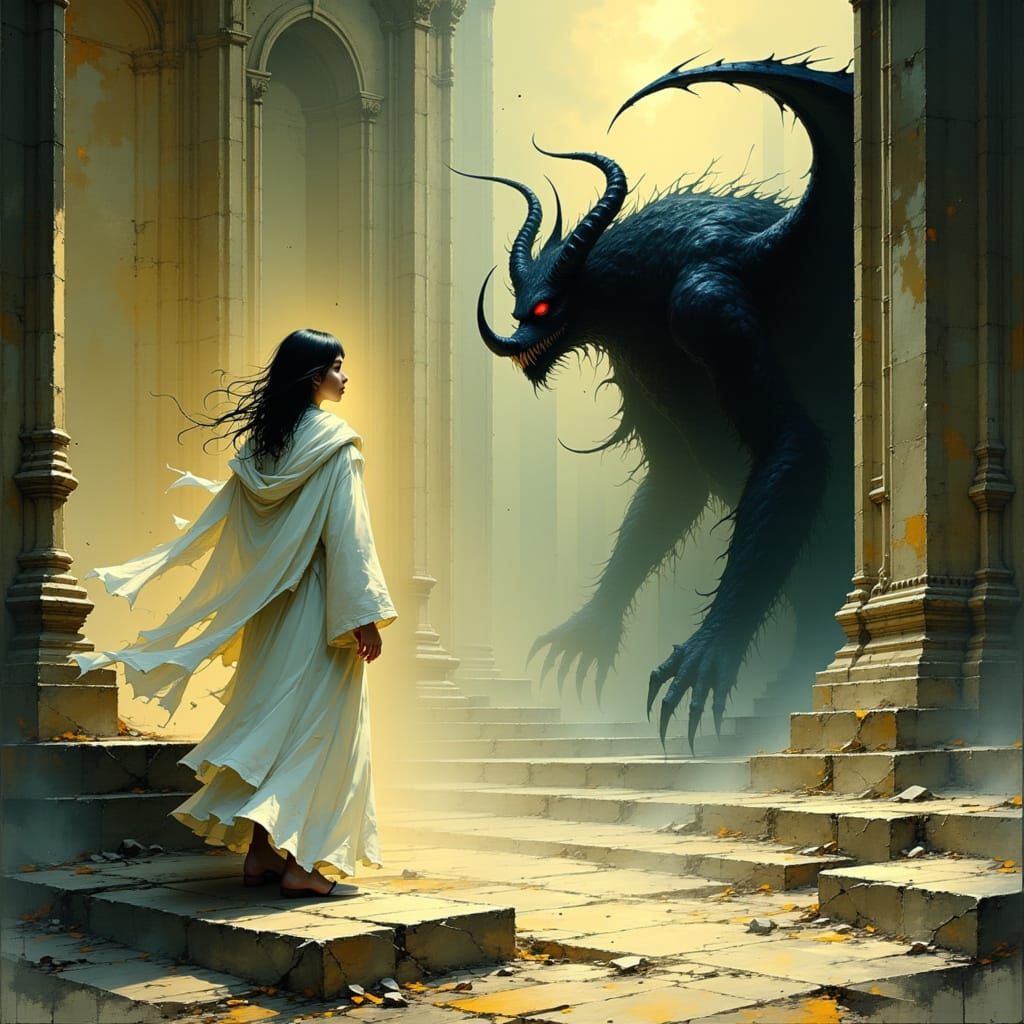 Angel and Demon in Ruined Cathedral: Digital Painting