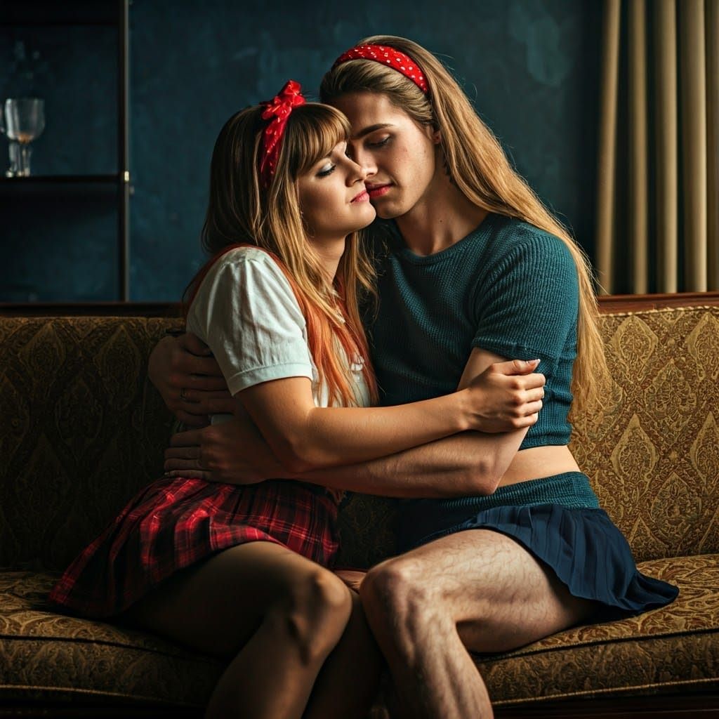 Relaxed Guy in Skirt and Frilly Top with Girlfriend