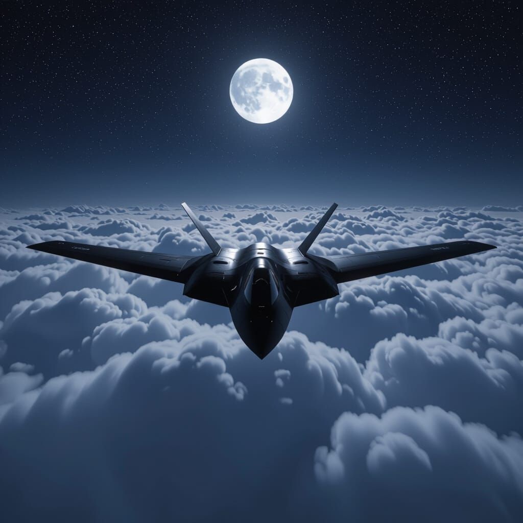 Stealth Bomber Loiters Silently Above Clouds Under Full Moon