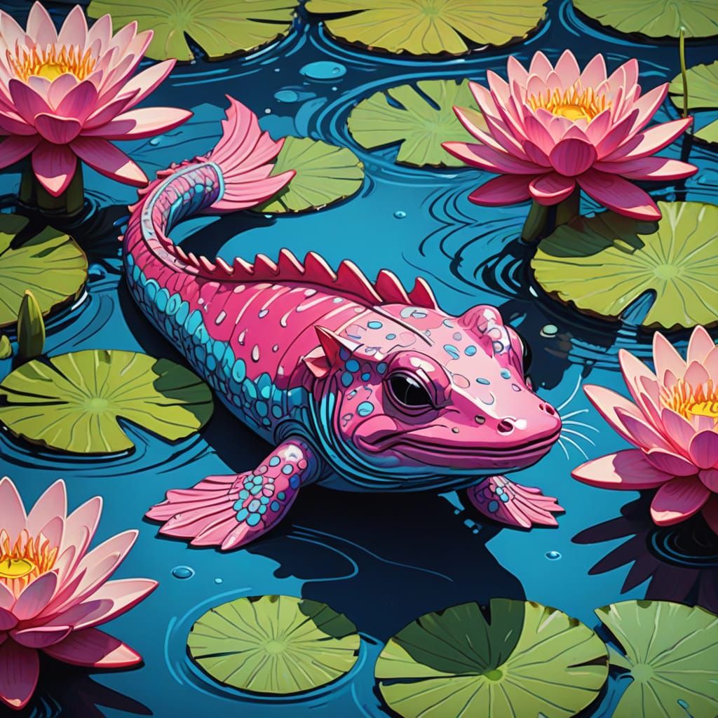 Whimsical Axolotl in Vibrant Xochimilco Scene