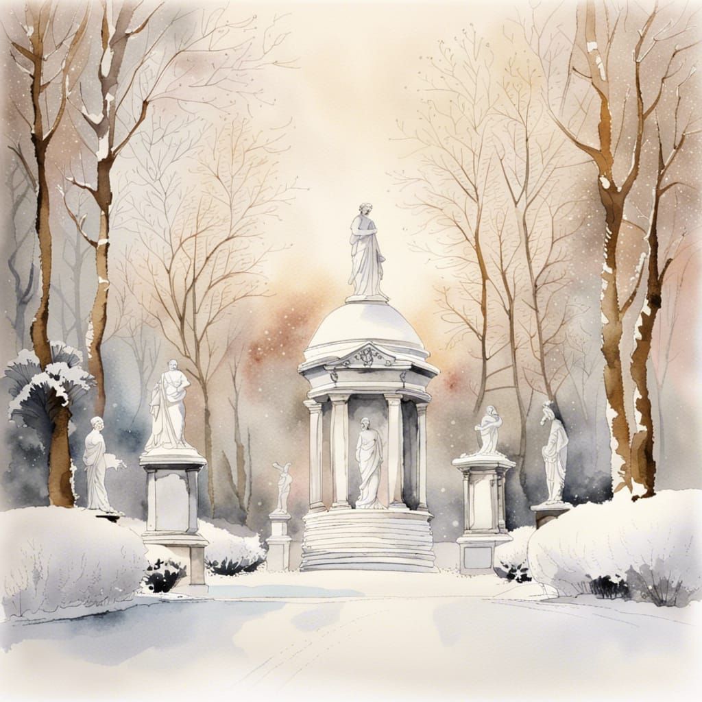 Snowy French Garden with Classic Statues in Watercolor