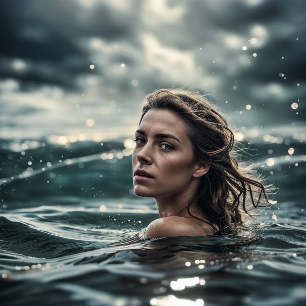 Photorealistic Woman in the Sea, Hyperrealistic Detail