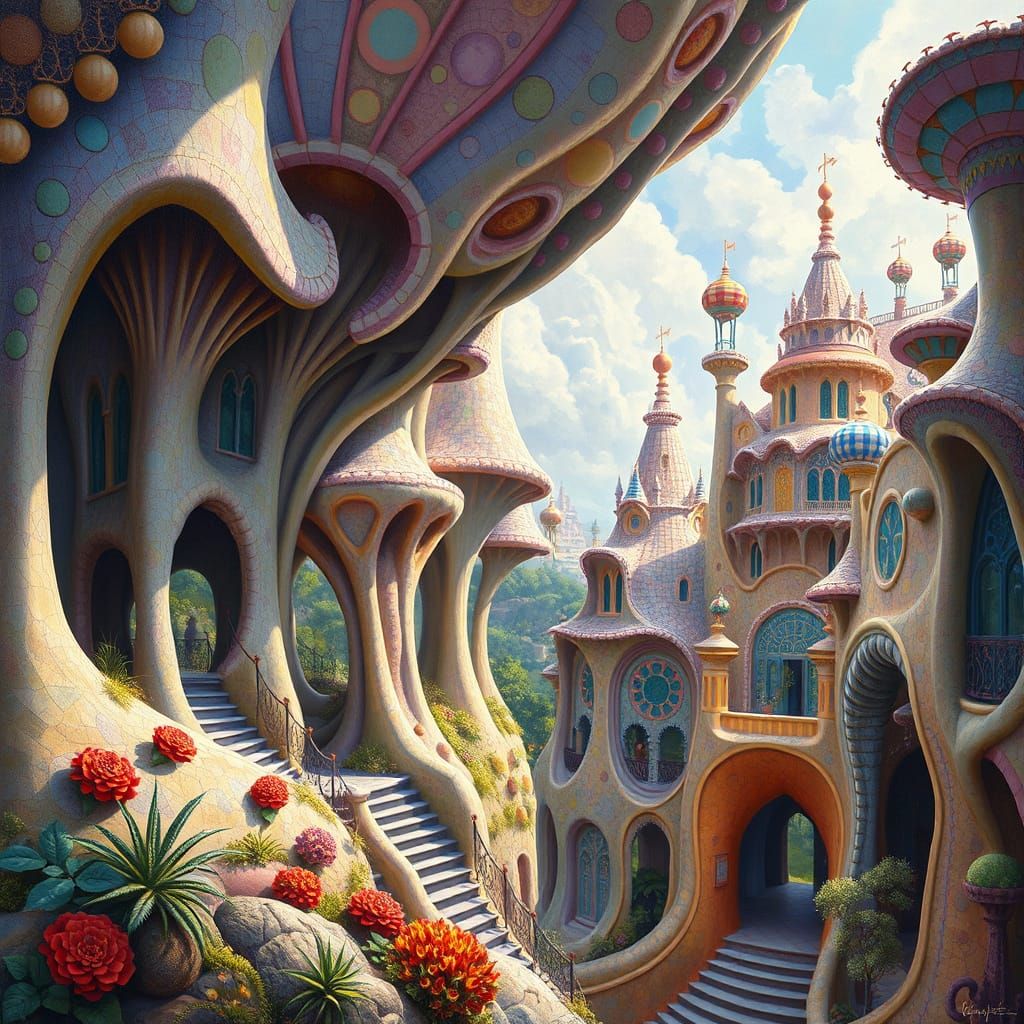 Surreal Dreamscape Architecture in Gaudí Style Oil Painting