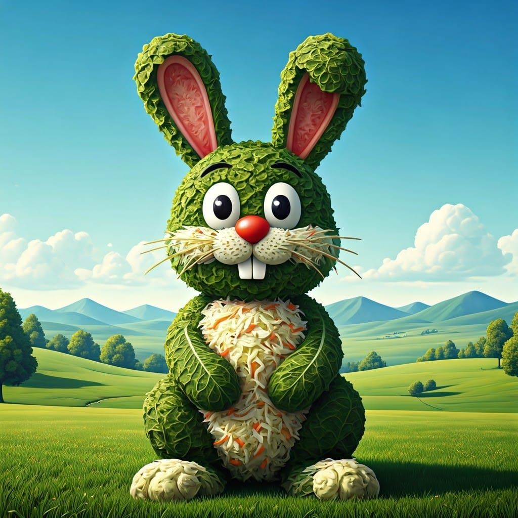 Salad Rabbit Sculpture in Surreal Landscape