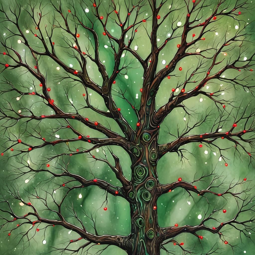 Illuminated Bare Tree in Whimsical Ink Style