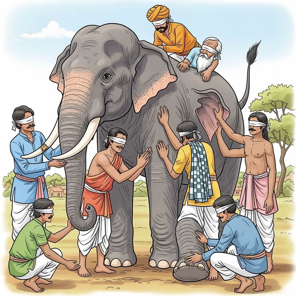 Seven Blind Men Explore an Elephant in Vibrant Color Drawing