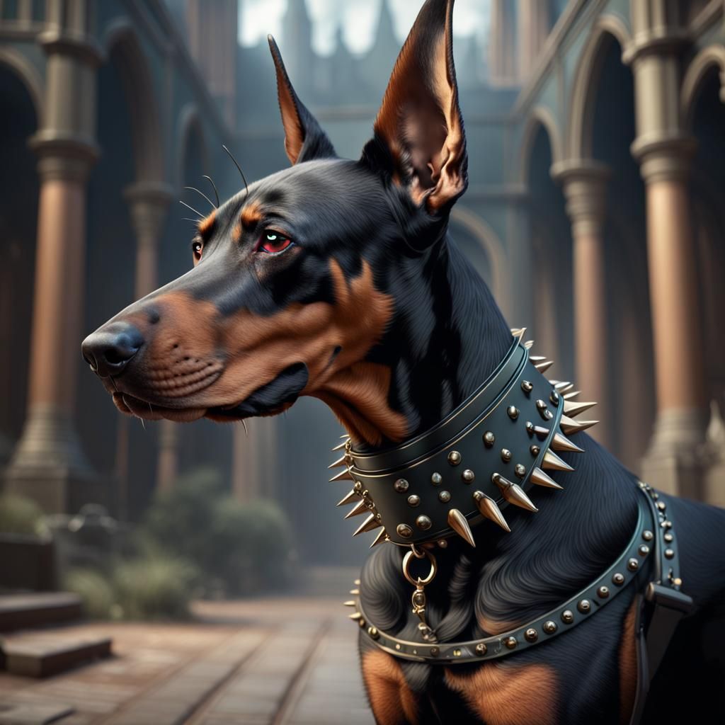 Doberman Pinscher with Spike Collar: Detailed Matte Painting