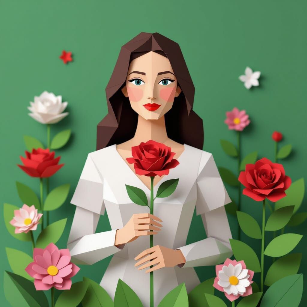 Geometric Paper Sculpture of Woman in Paper Garden