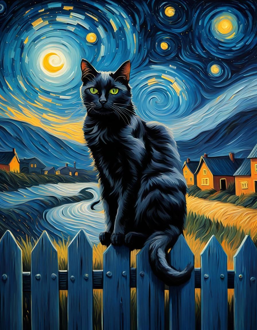 Black Cat Starry Night Oil Painting