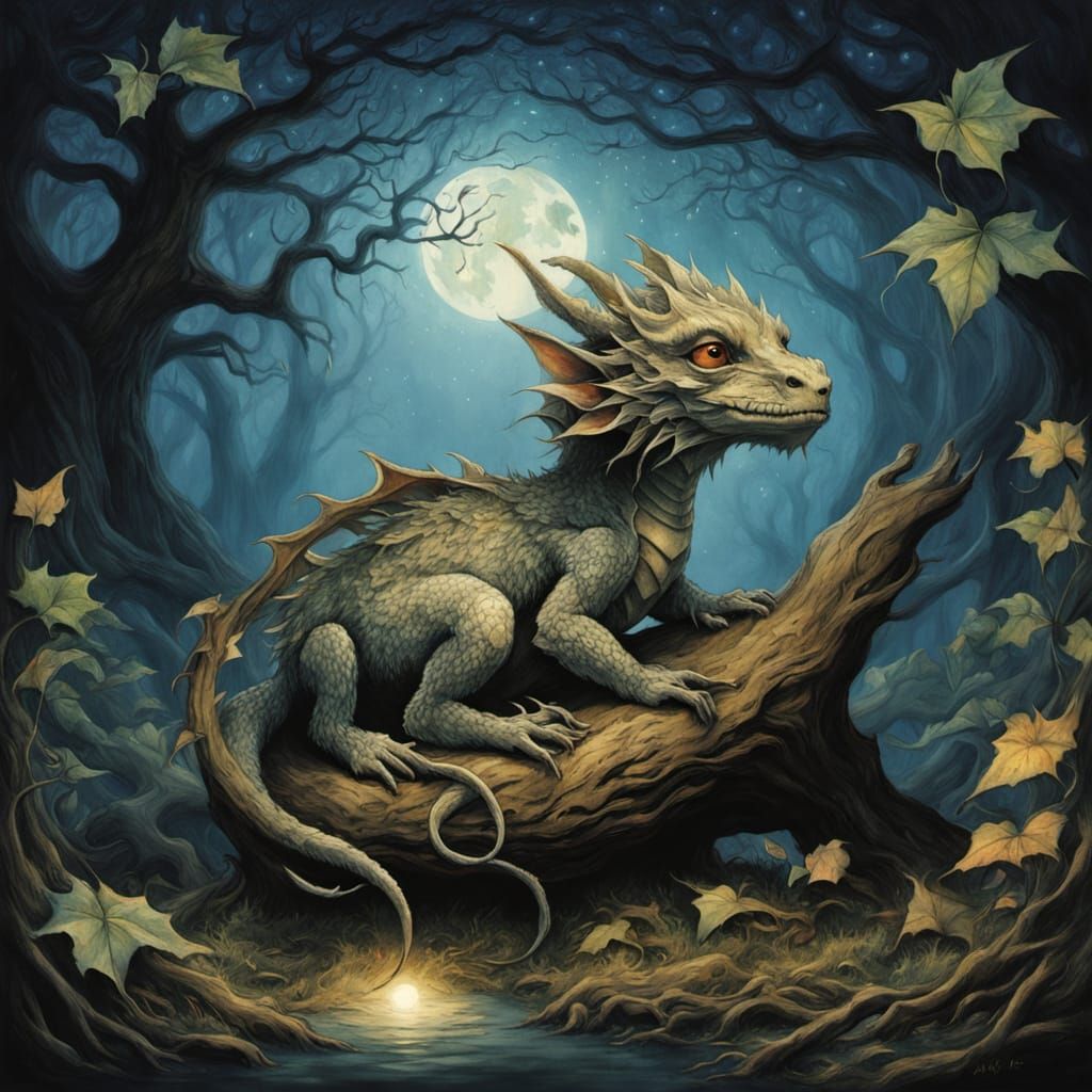 Whimsical Fantasy Dragon Under Tree of Life