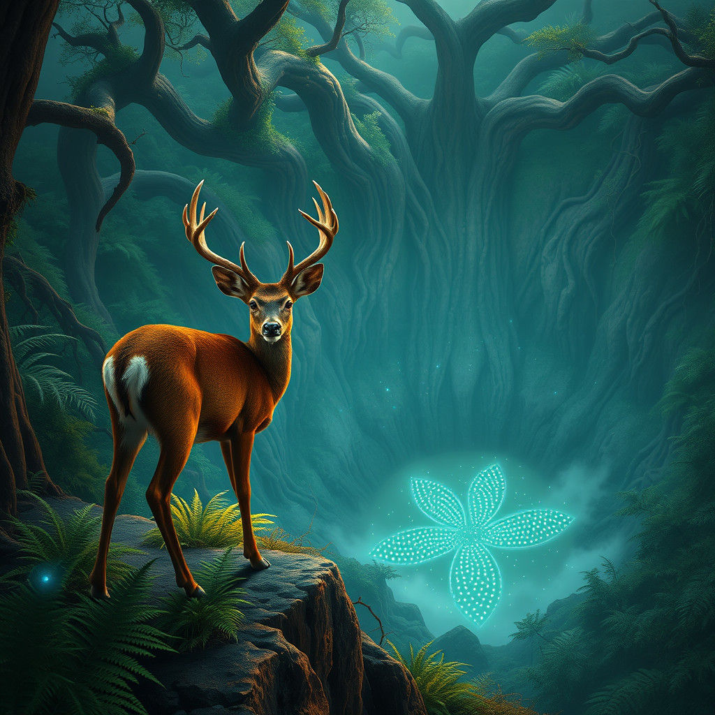 Deer Overlooking Forest with Bioluminescent Lights