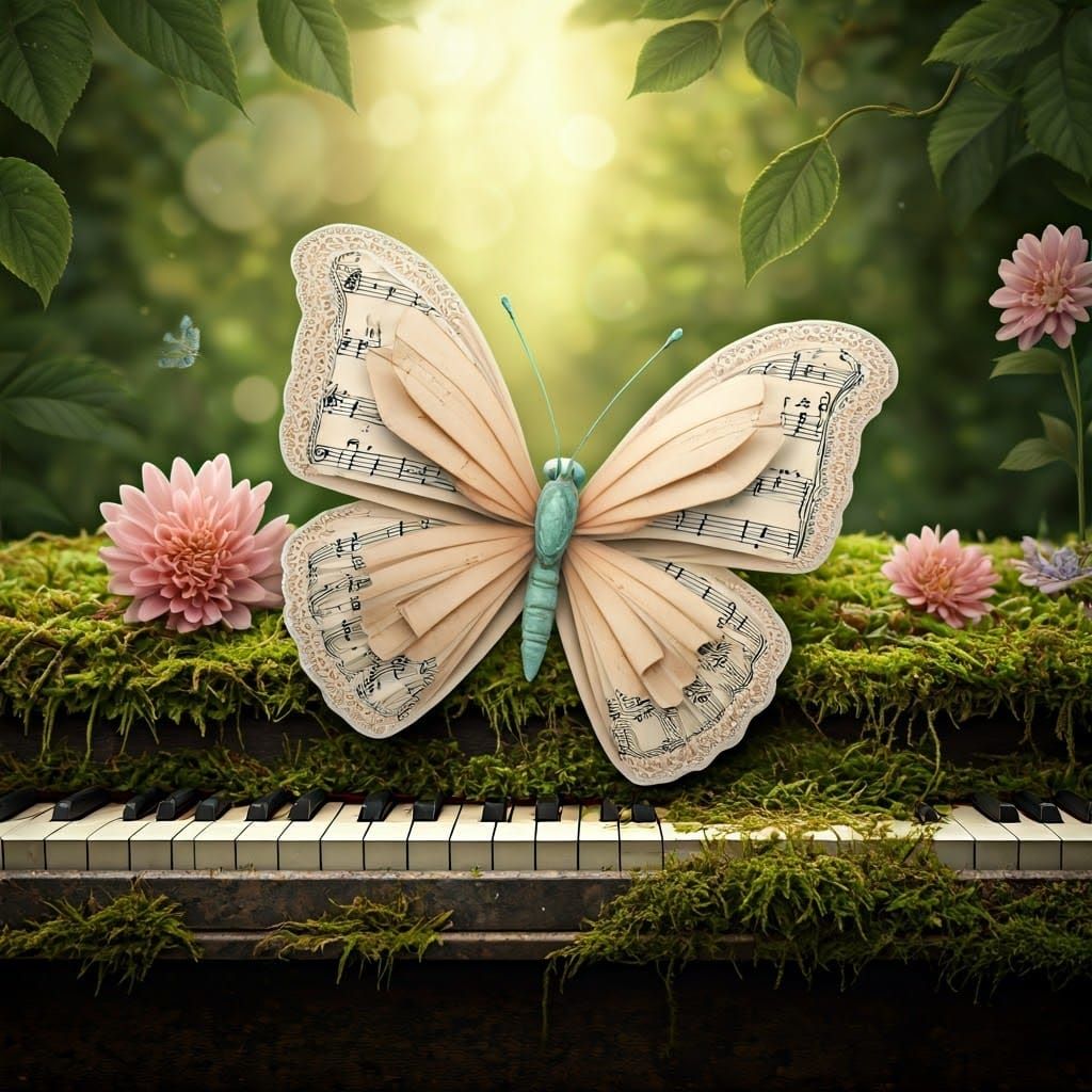 Butterfly Made of Music Sheets on Piano