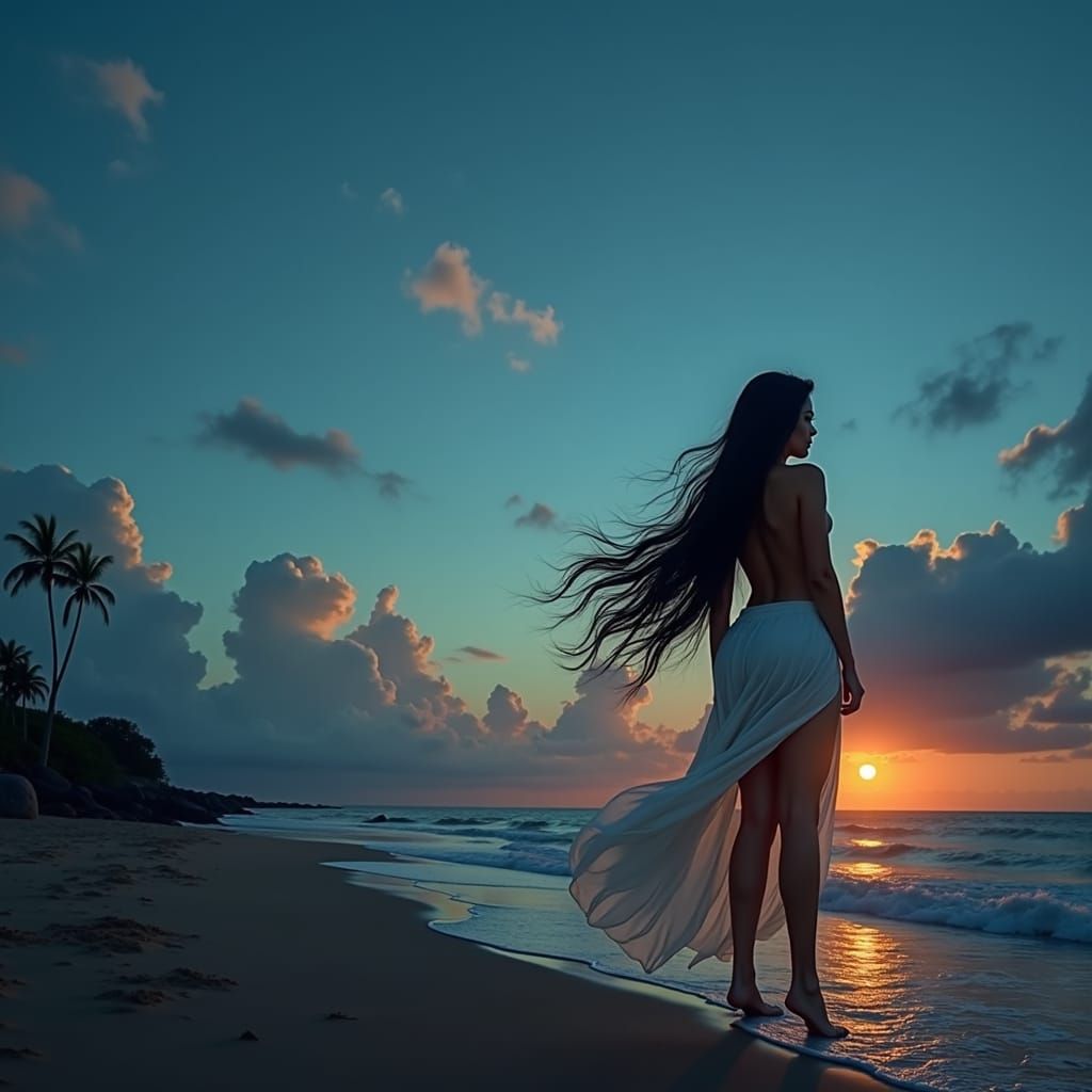 Woman with Black Hair on Beach in Art Nouveau Style