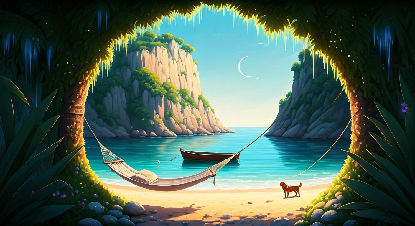 Dreamy Hidden Cove with a Boat and Dog