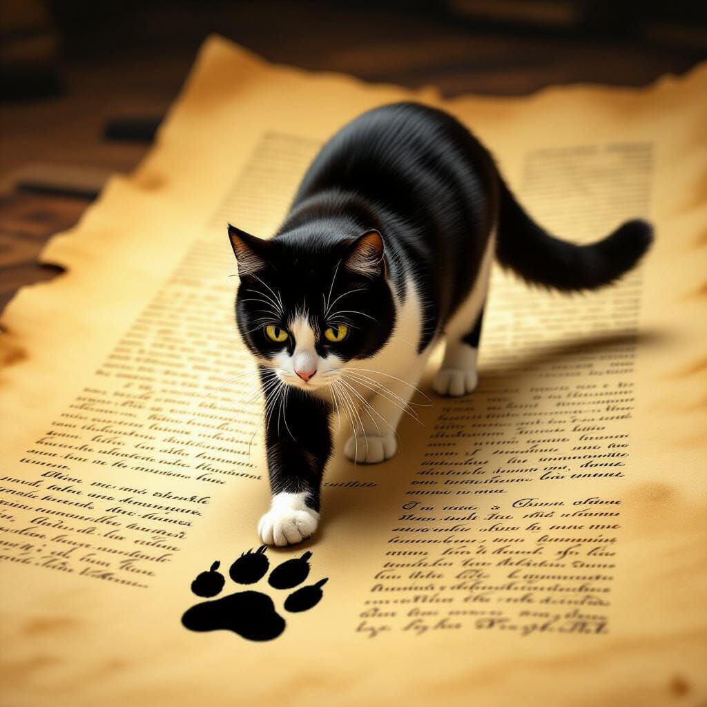Cat Walking on Ancient Manuscript in Digital Painting Style