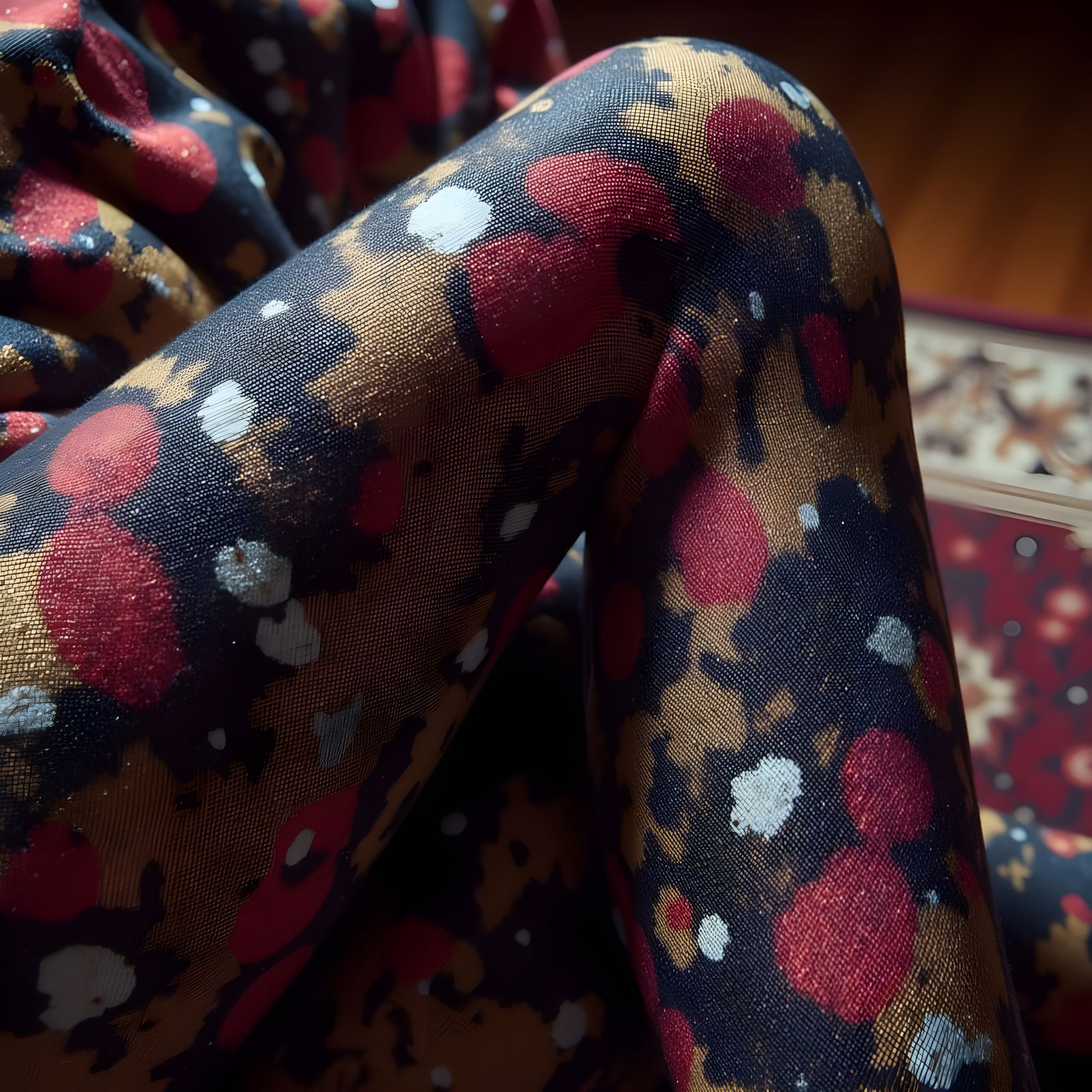 Sheer Pantyhose Close-Up on Leg with Ornate Rug