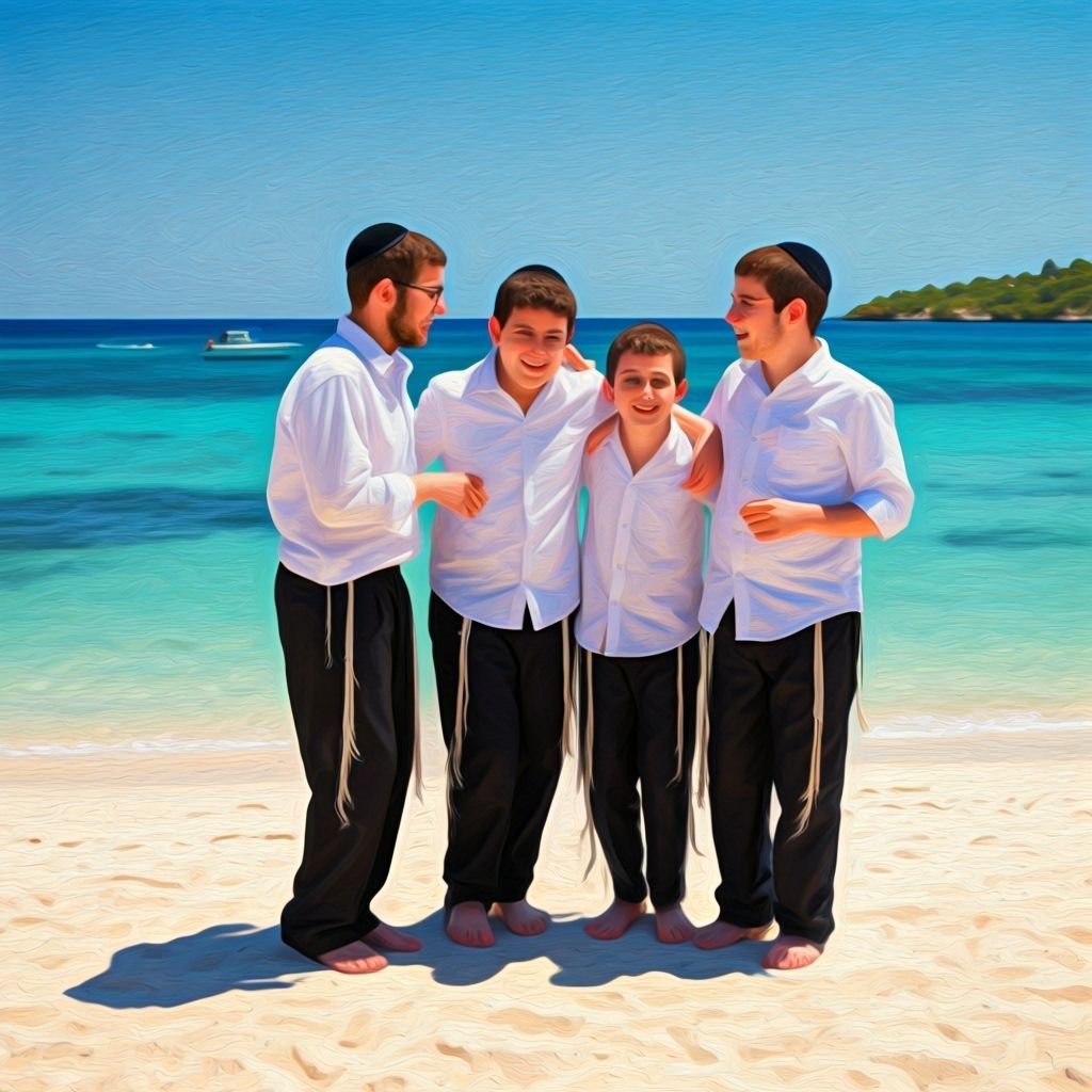 Haredi Boys Enjoying Beach Vacation in Impressionist Style