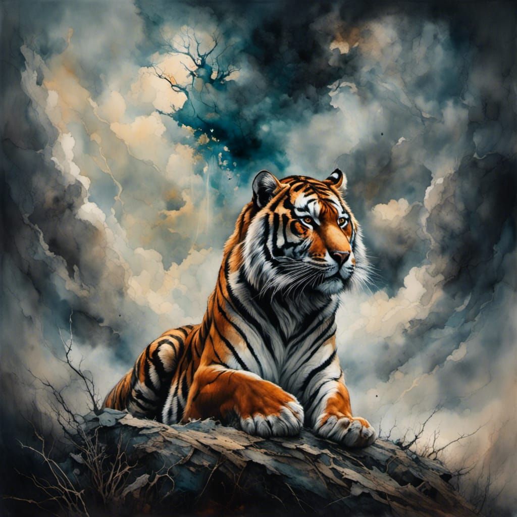 Siberian Tiger Stalking Prey in Cloudy Darkness