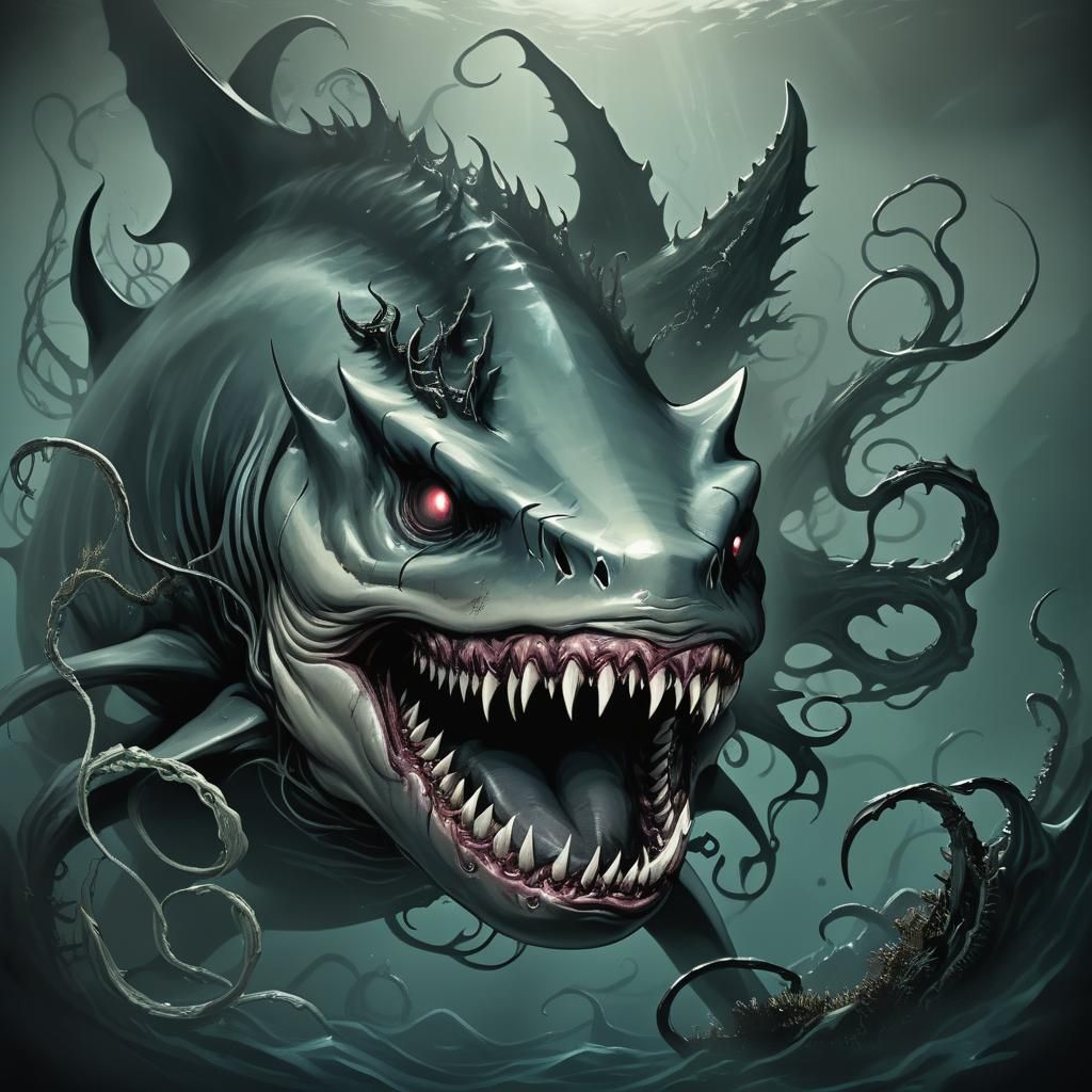 Eldritch Shark in Dark Abyssal Depths, Ink Drawing Style