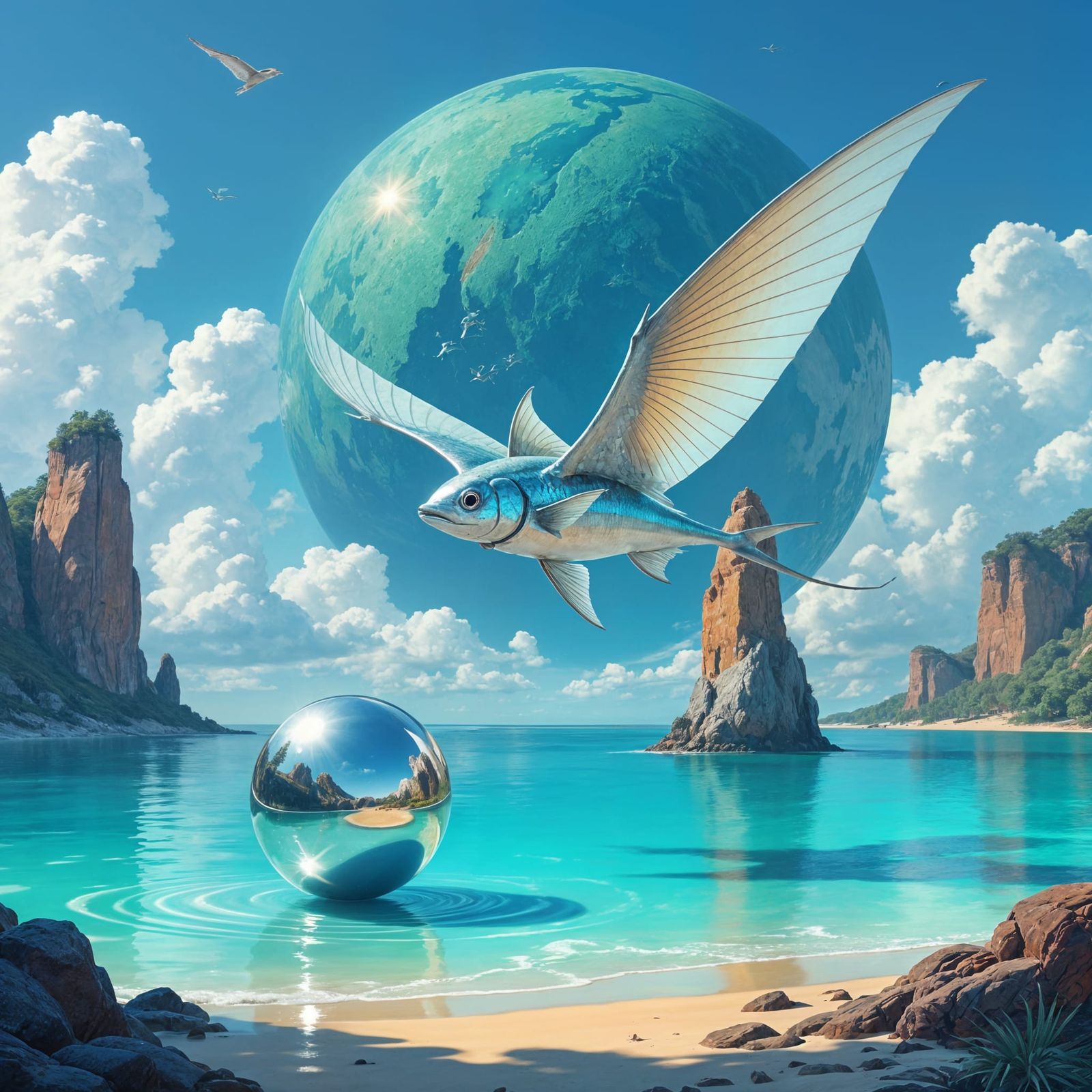 Flying Fish Approaches Silver Orb on Alien World