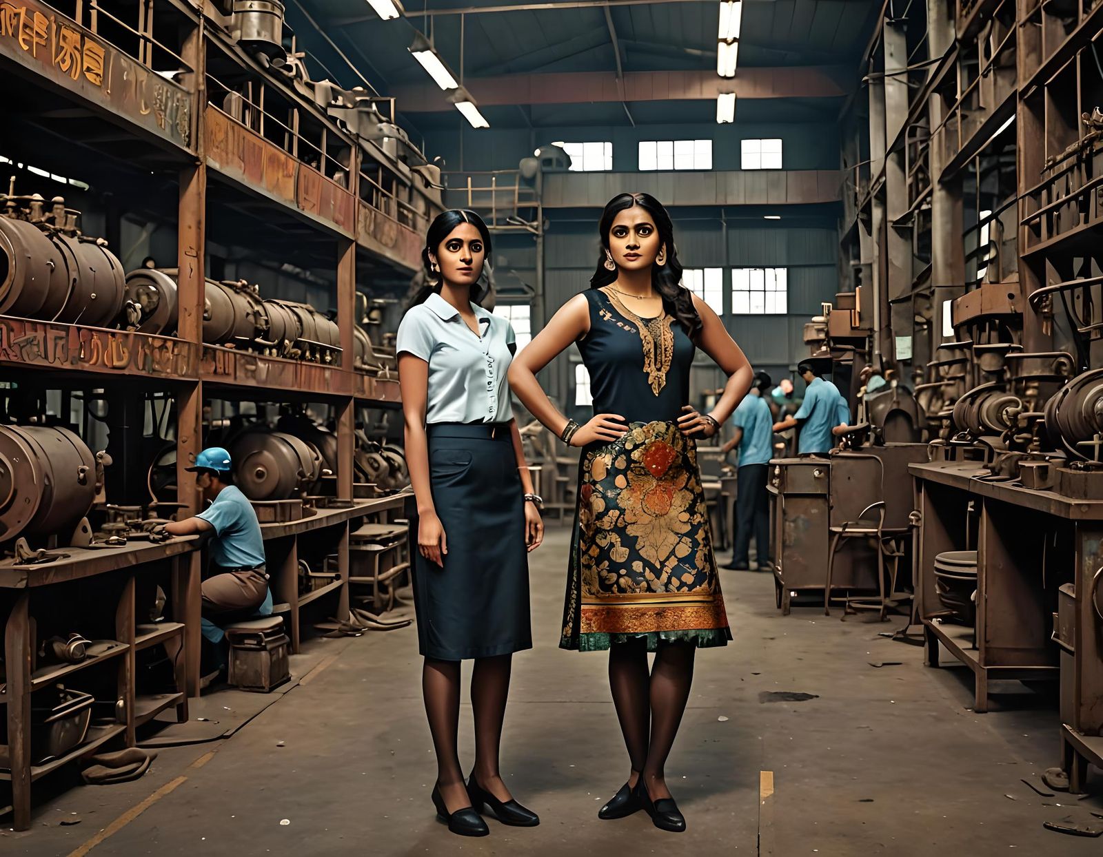 Maximalist Photo of Woman with Factory Employees