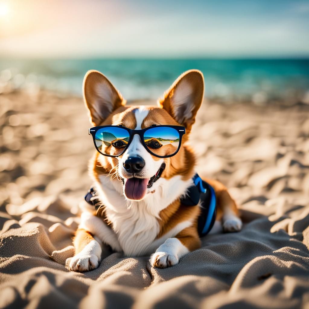 Corgi with Sunglasses Enjoying Beach Day