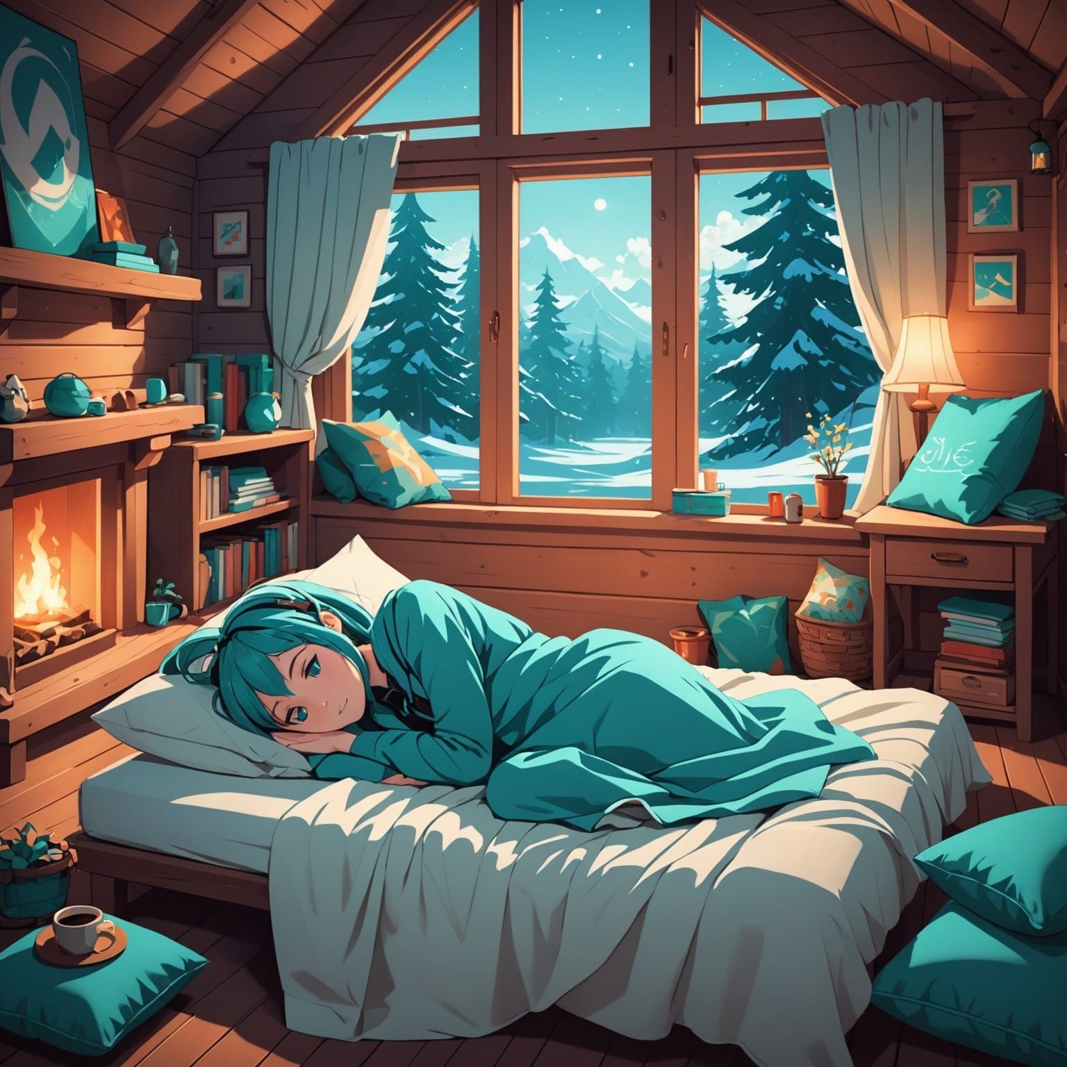 Hatsune Miku Relaxing in a Cozy Cabin