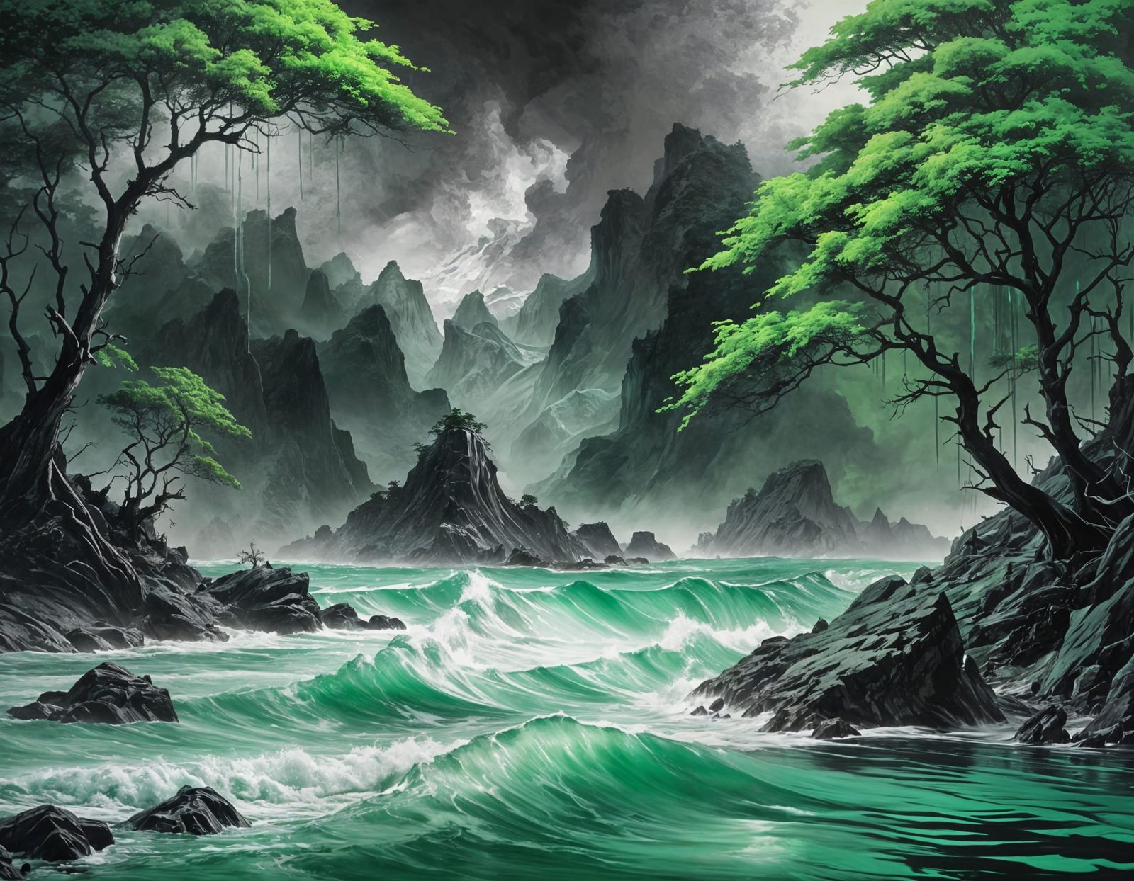 Powerful Ocean Storms Crashing, Emerald Forest Oil Painting