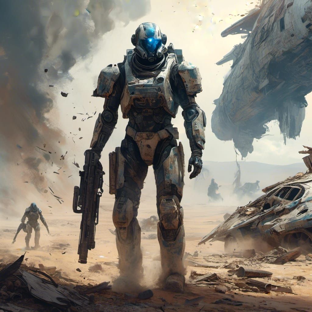 Futuristic Scrap Warrior in Badlands Illustration