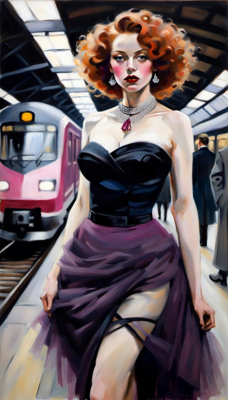 Redhead in Tulle Dress at Train Station, 19th Century Style