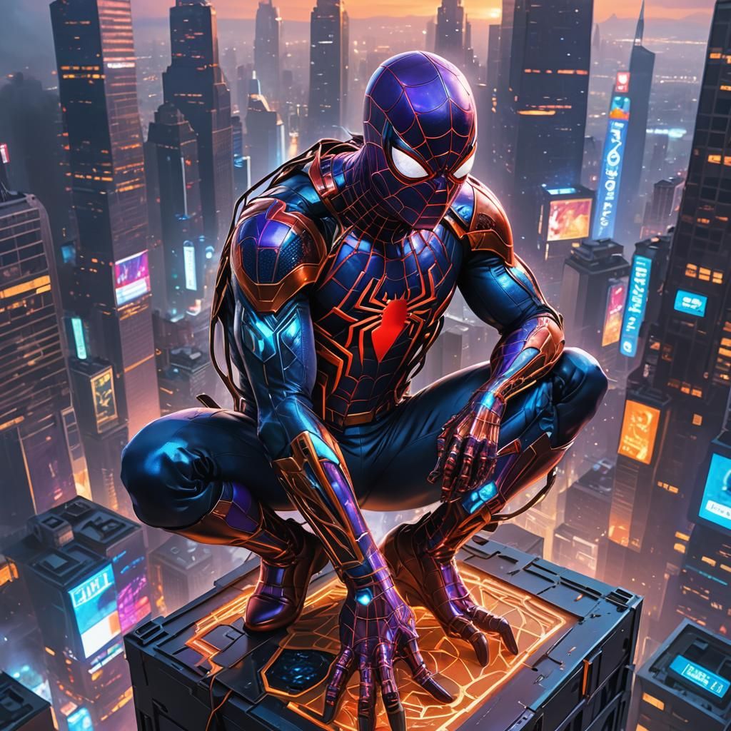 Cybernetic Spiderman Gazes Over Dystopian Cityscape
