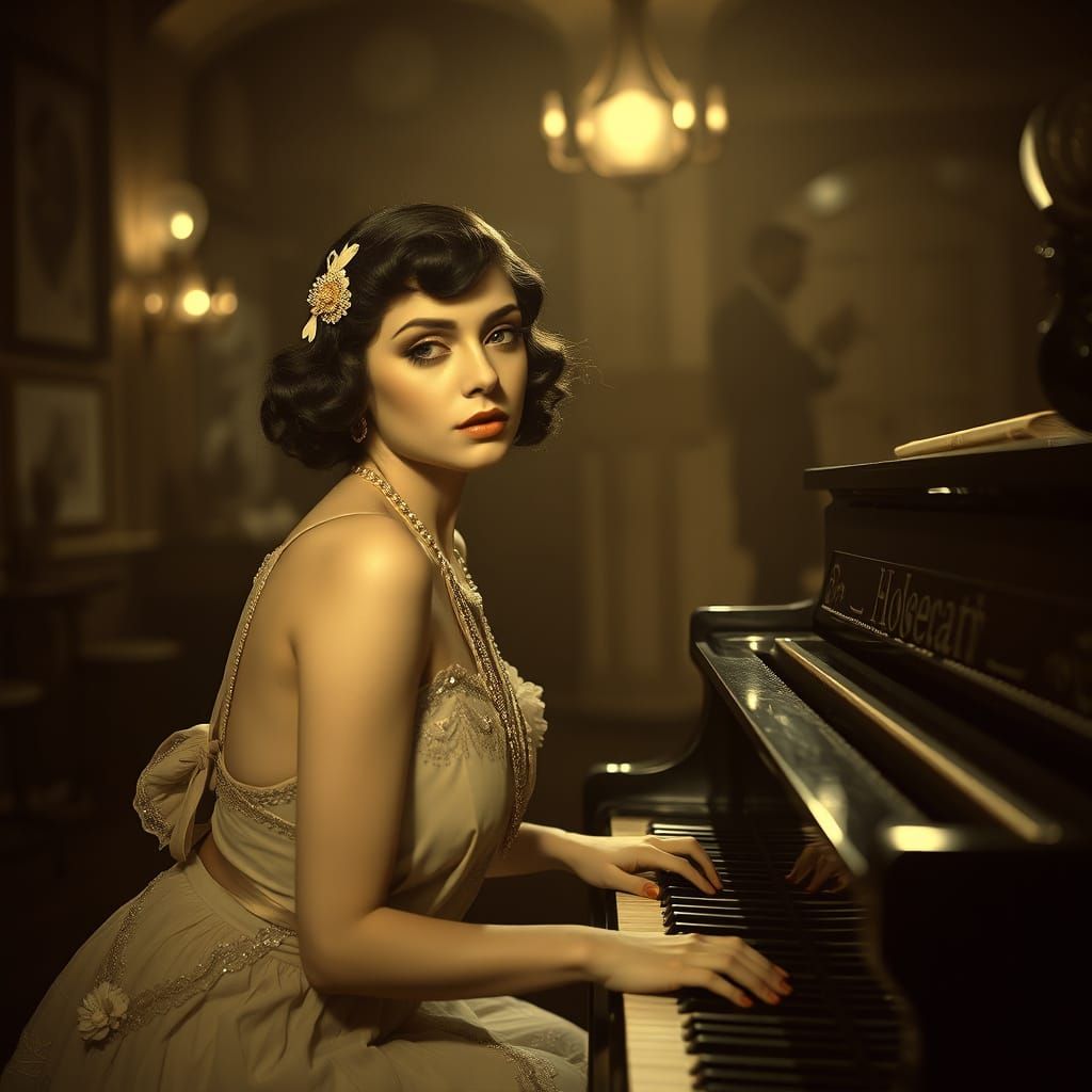 Sad 1920s Beauty at Piano: Vintage Sepia Photograph