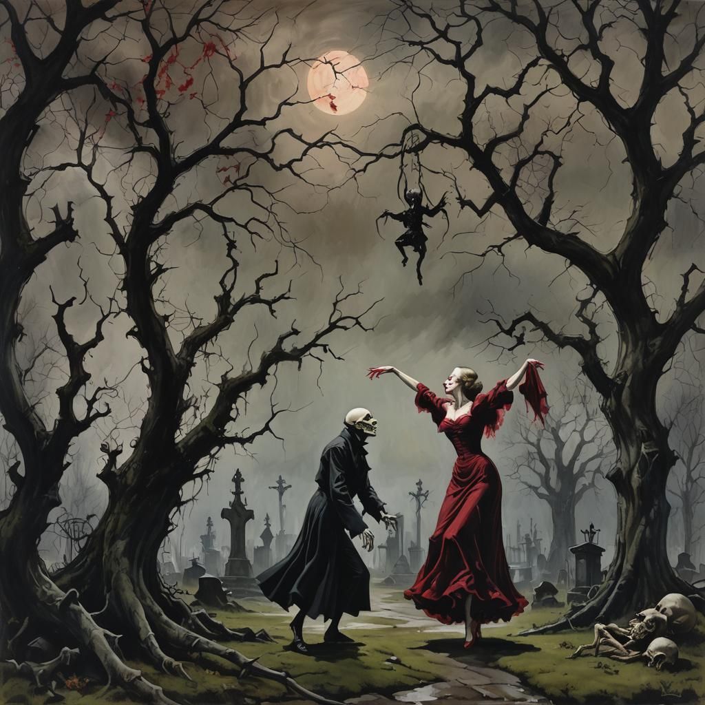 Nosferatu's Graveyard Dance as Gouache Painting