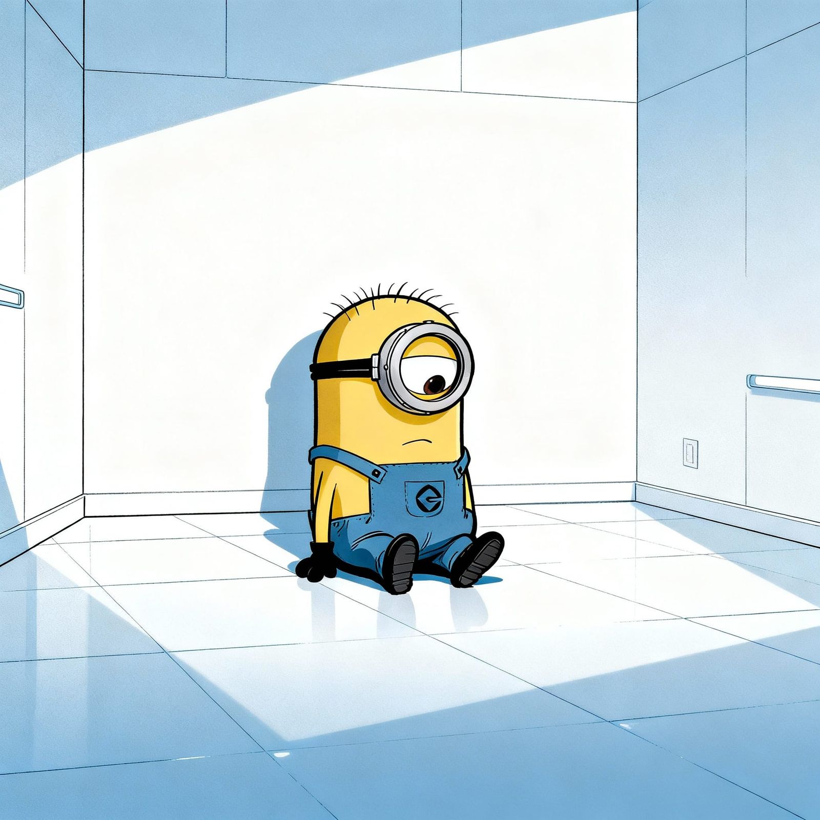 Melancholic Minion in Sterile White Room, Graphic Novel Styl...