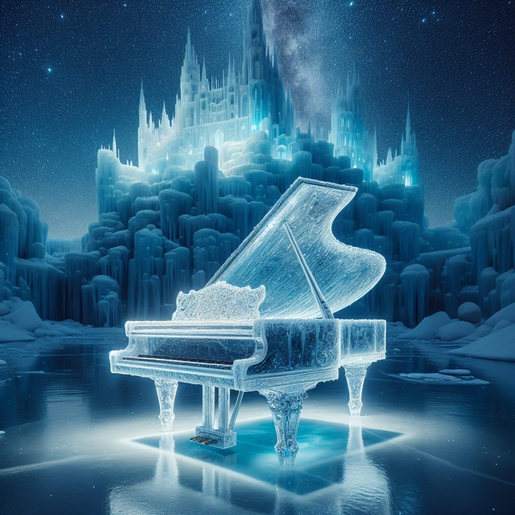 Glass Piano on Frozen Lake in Winter Wonderland