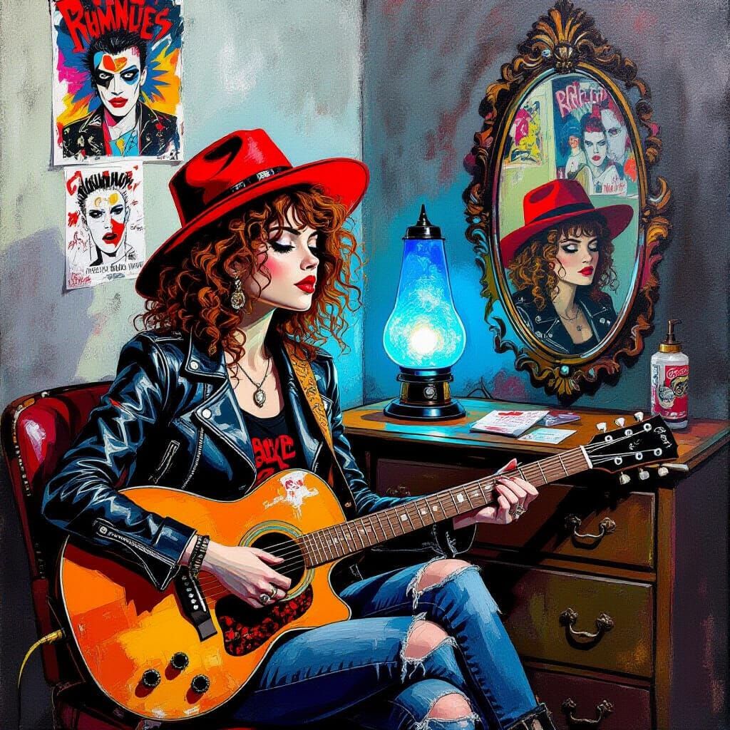 Punk Rock Girl in Dressing Room, Impasto Painting