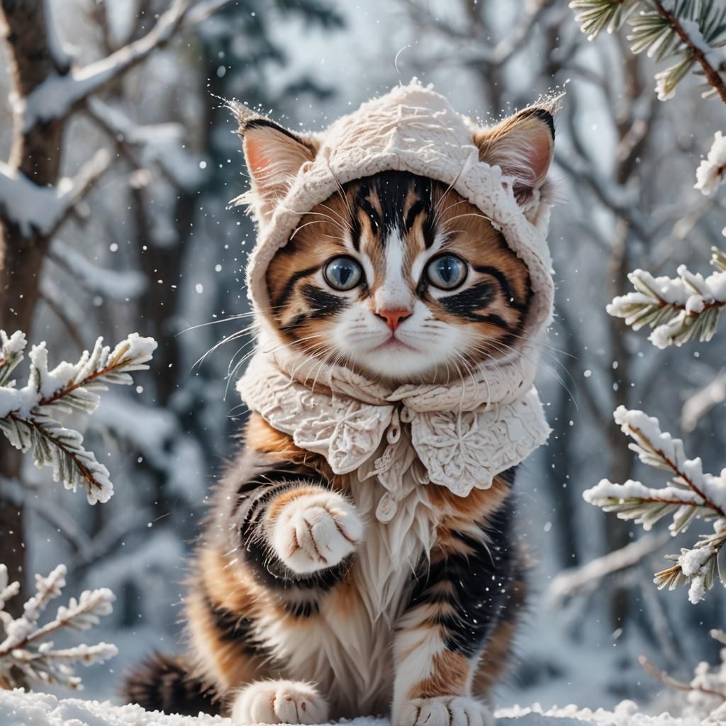 Calico Kitten and Snowflake in Snowy Landscape
