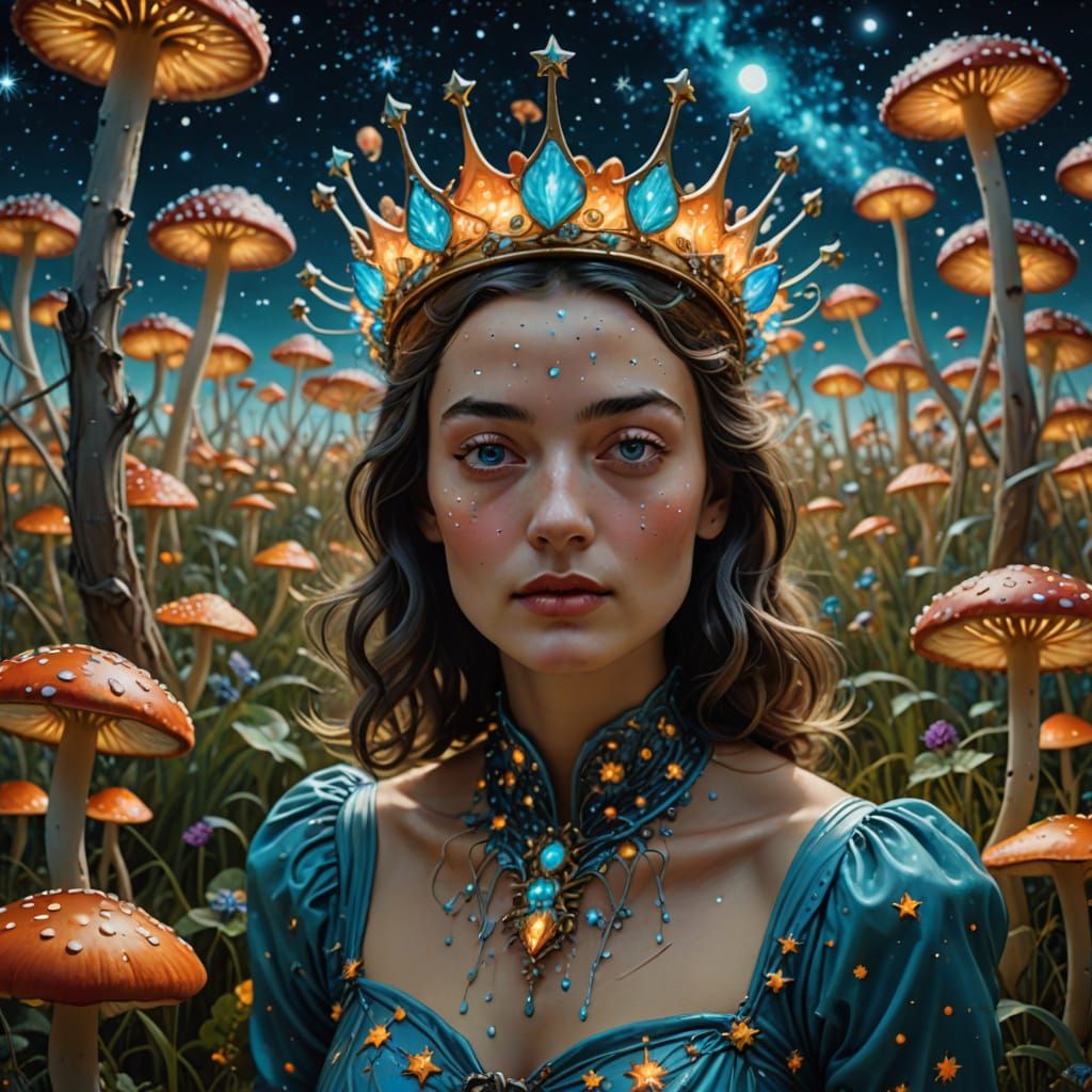 Star-Crowned Creature in Bioluminescent Mushroom Field
