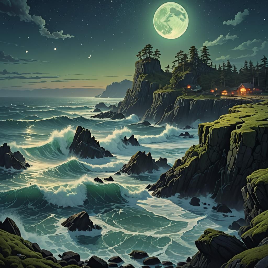 Bioluminescent Waves Crash in Fantasy Landscape